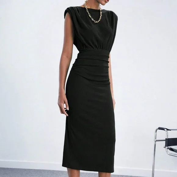 Black Preppy Womens Solid Shoulder Pad Ruched Waist Dress - Picture 4 of 5